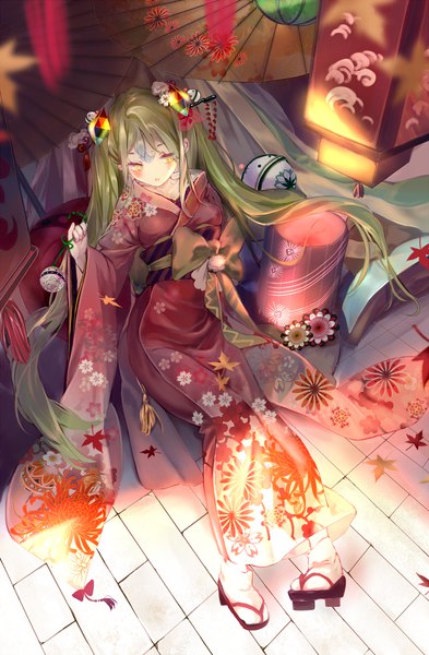 Anime picture 982x1500 with original bou shaku single tall image blush sitting twintails yellow eyes looking away bent knee (knees) very long hair traditional clothes from above wide sleeves floral print girl hair ornament bow socks umbrella