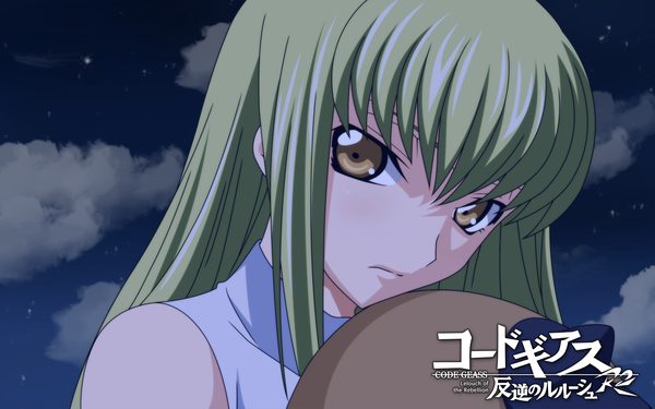 Anime picture 1920x1200 with code geass sunrise (studio) c.c. cheese-kun single long hair looking at viewer fringe highres wide image bare shoulders holding yellow eyes sky cloud (clouds) outdoors head tilt green hair night night sky