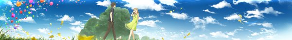 Anime picture 6813x950 with original moka. tapioka long hair highres open mouth brown hair wide image cloud (clouds) wind couple happy summer hands in pockets girl boy plant (plants) tree (trees) balloon