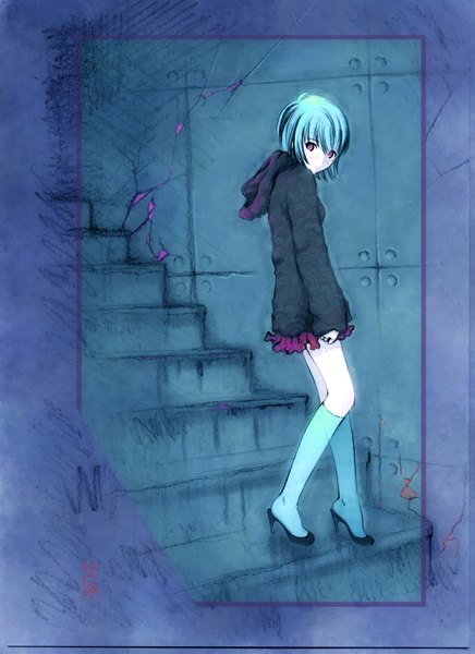 Anime picture 1275x1755 with neon genesis evangelion gainax ayanami rei kobayashi yuji single tall image short hair purple eyes blue hair legs framed girl socks hood stairs