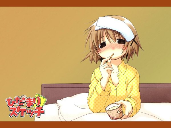 Anime picture 1024x768 with hidamari sketch shaft (studio) yuno aoki ume wallpaper sick fever food sweets x hair ornament ice cream pajamas