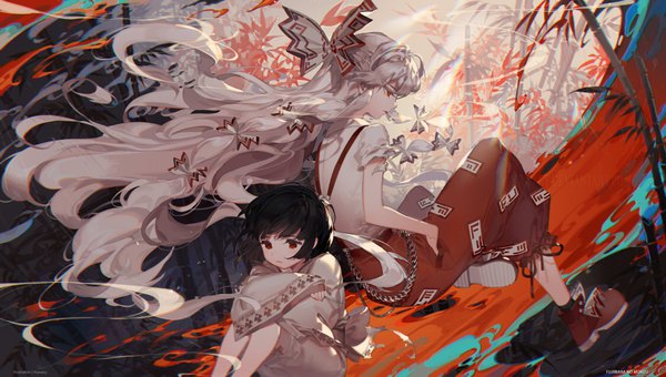 Anime picture 1123x638 with touhou fujiwara no mokou fujiwara no mokou (young) kawacy short hair black hair red eyes wide image sitting multiple girls bent knee (knees) white hair very long hair long sleeves traditional clothes japanese clothes wide sleeves short sleeves hand in pocket smoking