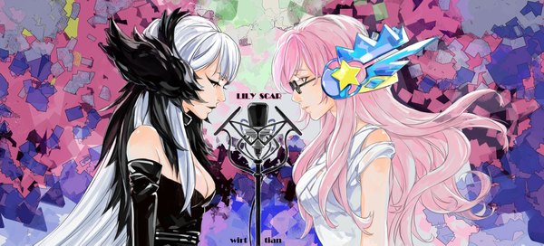 Anime picture 2000x909 with ten (artist) long hair highres breasts wide image bare shoulders multiple girls pink hair white hair profile black eyes girl hair ornament 2 girls glasses star (symbol) microphone star hair ornament