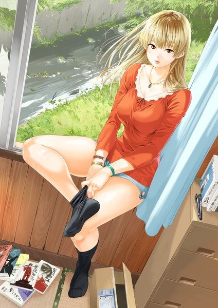 Anime picture 1447x2046 with original steve jobs kunami himehiko single long hair tall image looking at viewer fringe breasts blonde hair large breasts sitting brown eyes cleavage parted lips from above wind mole no shoes lipstick