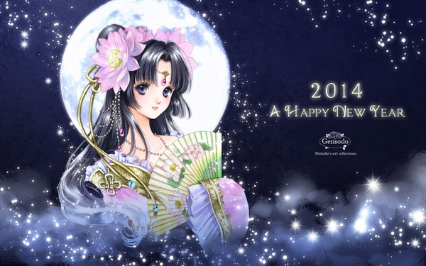 Anime picture 1920x1200 with original shiitake (gensoudou) single long hair looking at viewer blush fringe highres blue eyes black hair wide image hair flower light smile inscription new year happy new year 2014 girl hair ornament flower (flowers)