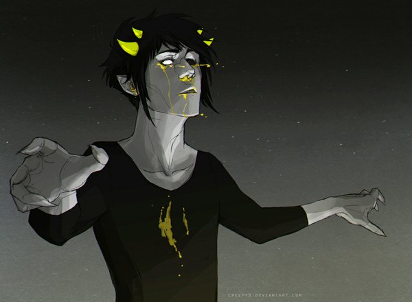 Anime picture 1072x787 with homestuck sollux captor creepy9 single short hair open mouth black hair simple background horn (horns) pointy ears inscription tears dark background spread arms blank eyes boy claws paint