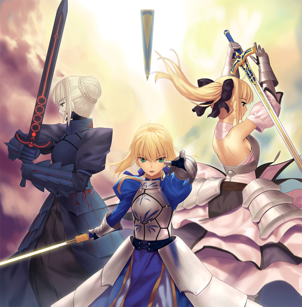 Anime picture 981x1000 with fate (series) fate/stay night fate/unlimited codes type-moon artoria pendragon (all) saber saber alter saber lily tsukikanade long hair tall image looking at viewer short hair open mouth blonde hair bare shoulders multiple girls green eyes white hair ponytail