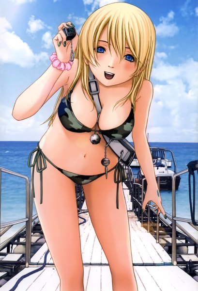 Anime picture 2045x3000 with btooom! madhouse himiko (btooom!) inoue junya single long hair tall image looking at viewer blush highres breasts open mouth blue eyes light erotic blonde hair standing bare shoulders nail polish bare legs bare belly