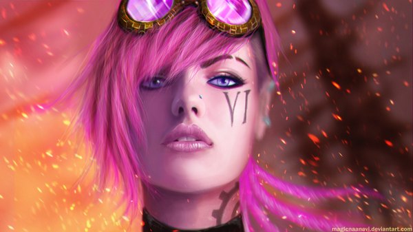 Anime picture 1920x1080 with league of legends vi (league of legends) magicnaanavi single looking at viewer fringe highres short hair wide image purple eyes pink hair lips realistic tattoo lipstick piercing portrait face goggles on head nose piercing
