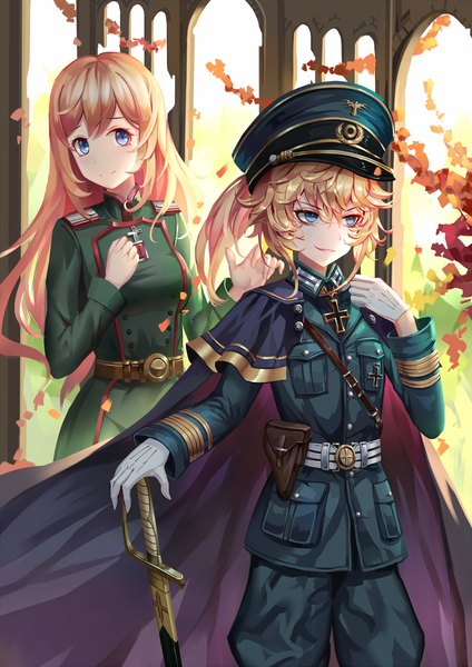 Anime picture 1500x2121 with youjo senki tanya degurechaff viktoriya ivanovna serebryakov aaeru long hair tall image fringe blue eyes blonde hair smile hair between eyes multiple girls looking away ponytail hand on chest military girl gloves uniform weapon