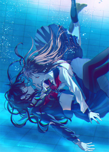 Anime picture 747x1040 with original ame (conronca) long hair tall image fringe black hair brown hair multiple girls pleated skirt light smile orange eyes finger to mouth shoujo ai underwater face to face girl skirt uniform 2 girls pantyhose