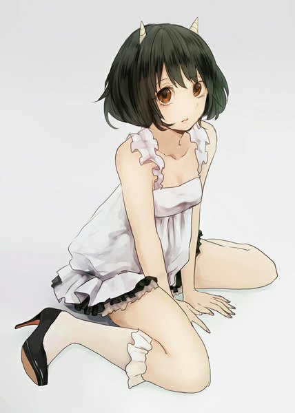 Anime picture 714x1000 with hoozuki no reitetsu wit studio peach maki nonoharak single tall image looking at viewer fringe short hair black hair simple background sitting bare shoulders brown eyes full body horn (horns) grey background high heels girl dress