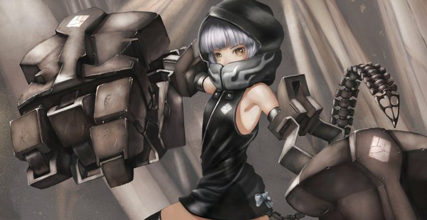 Anime picture 1552x800 with black rock shooter strength (black rock shooter) kome (okome-smile) single looking at viewer short hair wide image bare shoulders brown eyes yellow eyes tail grey hair girl weapon hood