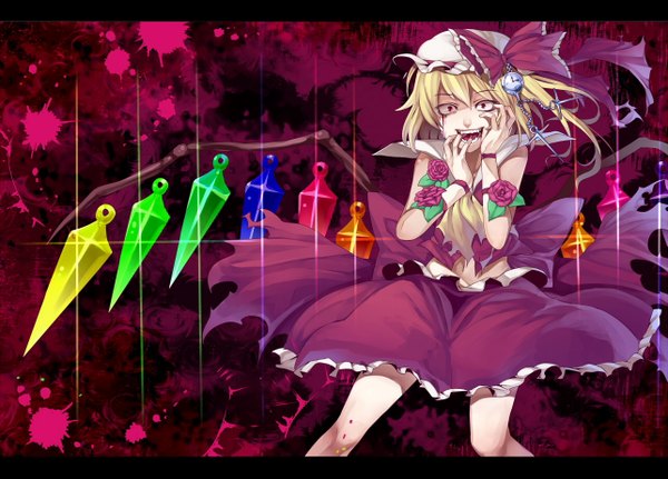 Anime picture 1285x925 with touhou flandre scarlet irohara mitabi single short hair open mouth blonde hair red eyes teeth fang (fangs) one side up letterboxed girl skirt bow wings rose (roses) blood cross skirt set