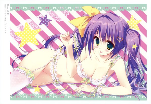 Anime picture 3475x2406 with original ryohka single long hair blush highres light erotic twintails green eyes absurdres purple hair scan underwear only :p girl thighhighs underwear frills lingerie bra