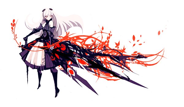 Anime picture 1761x1025 with original nanomortis (artist) single long hair highres simple background wide image white background bare shoulders looking away white hair blank eyes girl dress gloves weapon petals sword elbow gloves armor