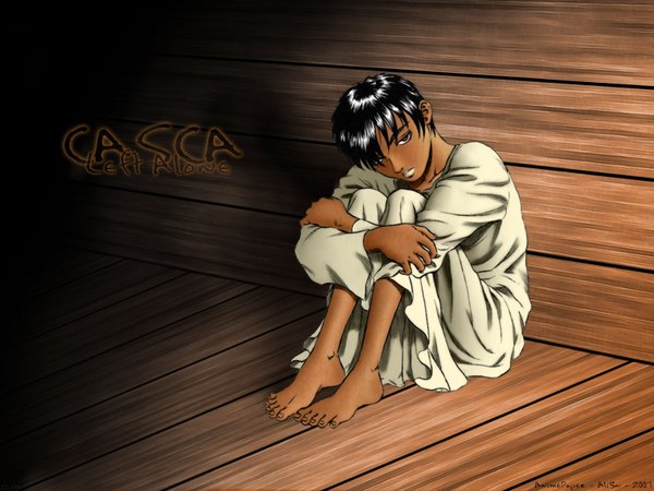 Anime picture 1600x1200 with berserk casca single short hair black hair sitting brown eyes barefoot dark skin girl