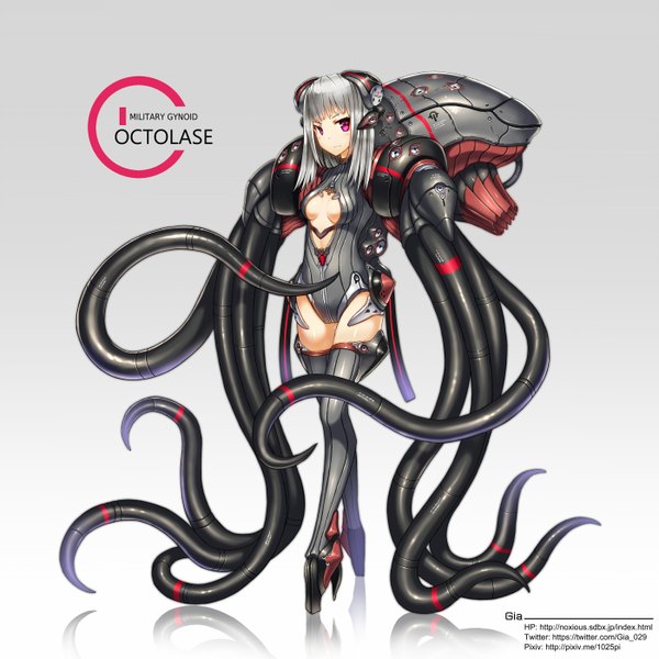 Anime picture 1400x1400 with original gia single looking at viewer short hair light erotic smile pink eyes grey hair inscription grey background midriff reflection mecha musume girl suit tentacles mechanical tentacles
