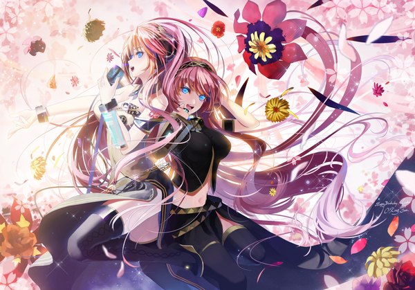 Anime picture 2286x1600 with vocaloid megurine luka okingjo long hair looking at viewer highres open mouth blue eyes multiple girls pink hair dual persona girl navel flower (flowers) 2 girls petals boots hairband thigh boots microphone