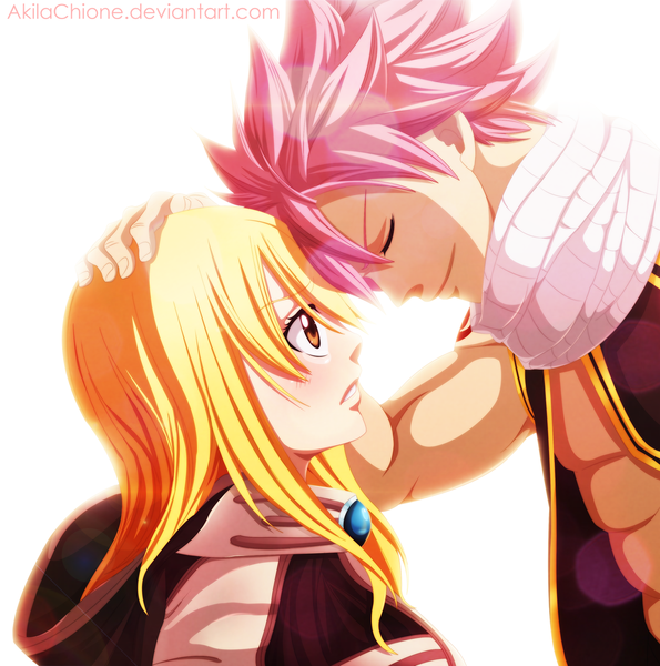 Anime picture 1500x1513 with fairy tail lucy heartfilia natsu dragneel akilachione long hair tall image short hair simple background blonde hair smile white background brown eyes pink hair eyes closed profile tattoo sleeveless coloring light muscle