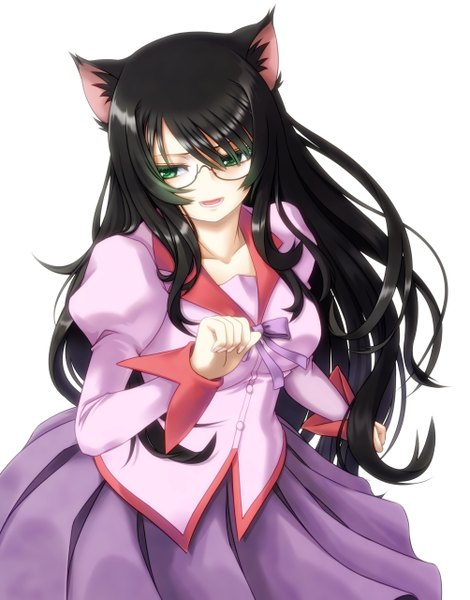 Anime picture 1003x1280 with bakemonogatari shaft (studio) monogatari (series) hanekawa tsubasa mc4 single long hair tall image fringe open mouth blue eyes black hair simple background hair between eyes white background animal ears cat ears girl skirt uniform