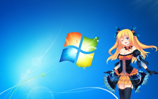 Anime picture 1920x1200 with os-tan windows (operating system) microsoft windows 7 aizawa hikaru long hair blush highres breasts open mouth blue eyes blonde hair wide image one eye closed wink girl thighhighs dress gloves black thighhighs