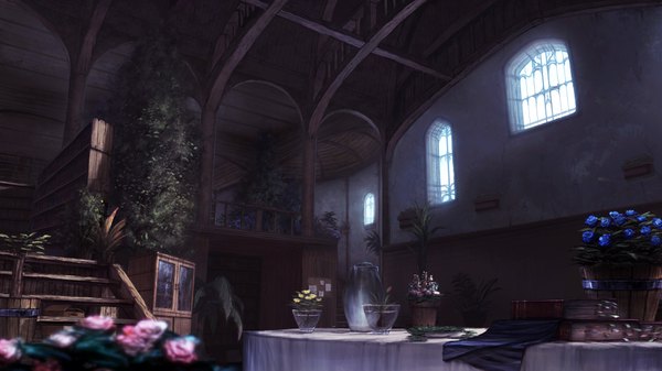 Anime picture 3360x1890 with original jean popo highres wide image indoors depth of field wallpaper no people scenic flower (flowers) plant (plants) window rose (roses) book (books) table stairs shelf potted plant bookshelf blue rose