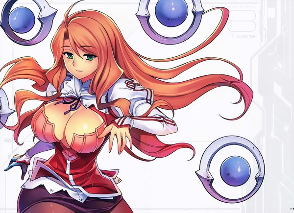 Anime picture 9272x6727 with freezing tiziana ferrari kim kwang hyun single long hair looking at viewer highres breasts light erotic large breasts green eyes absurdres cleavage scan orange hair official art girl