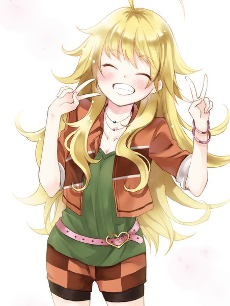 Anime picture 754x1000 with idolmaster hoshii miki miyabi akino single long hair tall image blush simple background blonde hair smile white background ahoge eyes closed from above grin victory ^ ^ checkered girl shorts