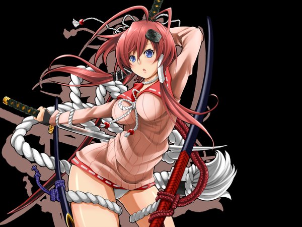 Anime picture 1504x1128 with hyakka ryouran samurai girls arms corporation yagyuu juubei (hyakka ryouran) i-la single blush blue eyes light erotic simple background red hair pantyshot black background girl hair ornament underwear panties weapon sword katana transparent clothing