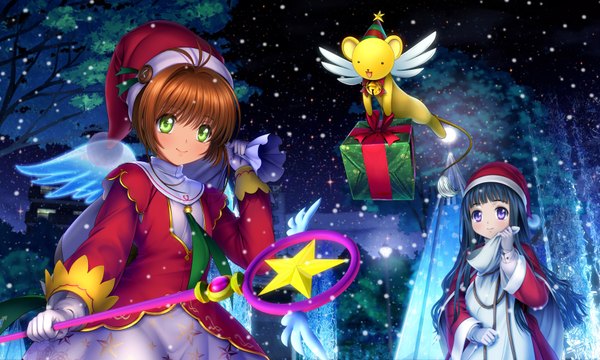 Anime picture 1664x1000 with card captor sakura clamp kinomoto sakura daidouji tomoyo mutsuki (moonknives) long hair blush short hair black hair smile brown hair wide image purple eyes multiple girls green eyes snowing christmas winter flying merry christmas