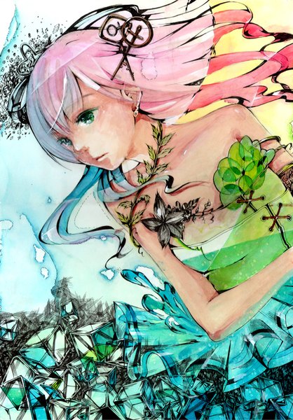 Anime picture 1381x1984 with original atyako single long hair tall image bare shoulders green eyes multicolored hair girl dress hair ornament flower (flowers) plant (plants) earrings cube