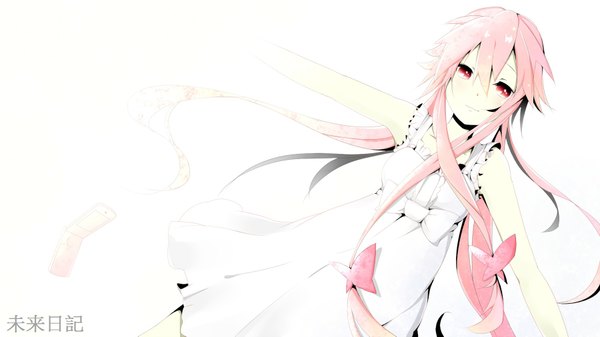 Anime picture 1800x1011 with mirai nikki gasai yuno yun24 single long hair highres simple background smile wide image white background pink hair pink eyes hieroglyph spread arms girl sundress
