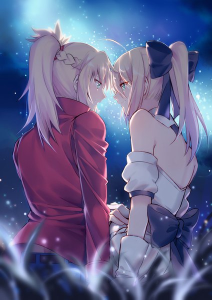 Anime picture 2308x3264 with fate (series) fate/grand order artoria pendragon (all) saber saber lily mordred (fate) yorukun long hair tall image highres blonde hair sitting bare shoulders multiple girls green eyes ahoge ponytail braid (braids) night night sky