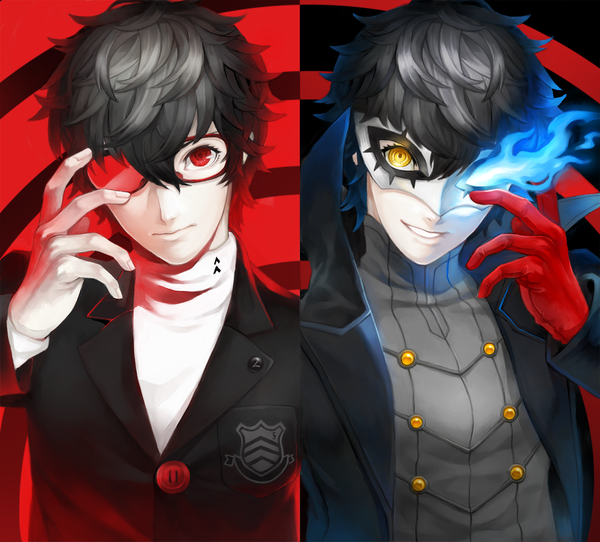 Anime picture 1500x1355 with persona 5 persona amamiya ren harusatonougyou short hair black hair red eyes yellow eyes head tilt open jacket multiple boys glowing glowing eye (eyes) multiview dual persona boy gloves glasses jacket 2 boys