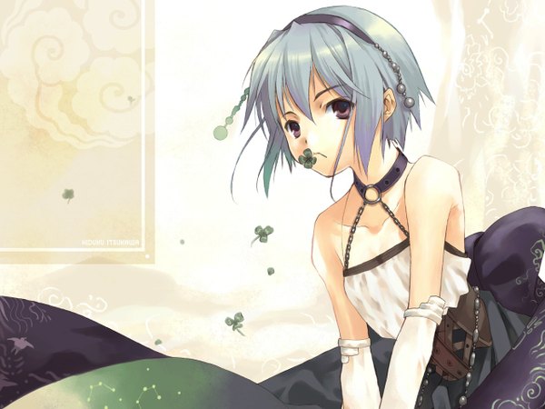 Anime picture 1280x960 with kiduku itsukawa short hair bare shoulders brown eyes blue hair wallpaper dress hairband clover (plant)
