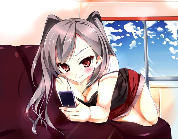 Anime picture 2878x2250 with original kown (artist) single long hair blush highres smile red eyes grey hair girl shorts short shorts phone room