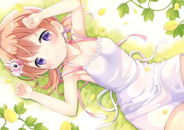 Anime picture 1684x1191 with gochuumon wa usagi desu ka? white fox hoto cocoa toketou single looking at viewer blush short hair smile brown hair twintails purple eyes lying from above armpit (armpits) on back hand on head girl dress hair ornament