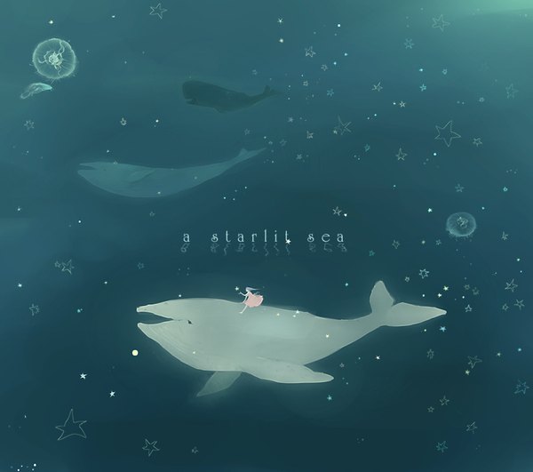 Anime picture 1123x994 with original shio oto underwater girl dress water star (stars) jellyfish whale