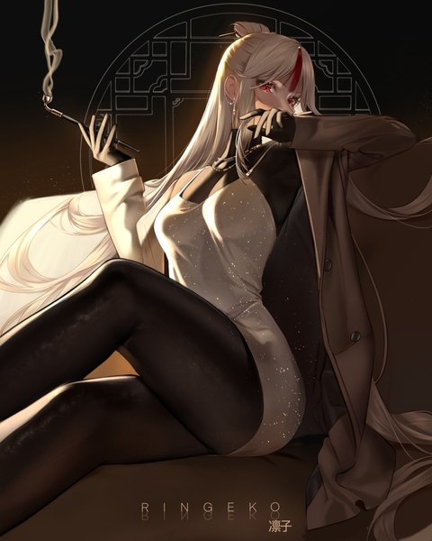 Anime picture 4000x5000 with genshin impact ningguang (genshin impact) ringeko-chan single tall image looking at viewer fringe highres breasts red eyes holding signed absurdres silver hair bent knee (knees) long sleeves very long hair off shoulder open clothes arms up