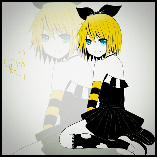 Anime picture 1048x1048 with vocaloid kagamine rin mg looking at viewer fringe short hair smile bare shoulders aqua eyes alternate costume pale skin girl dress socks shoes hairband