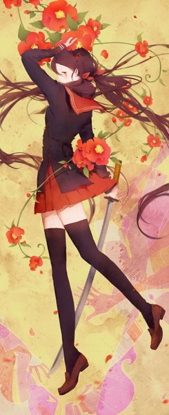 Anime picture 3000x7322 with original moss (2225028) single long hair tall image highres red eyes brown hair standing twintails holding profile pleated skirt hand on head girl skirt uniform flower (flowers) weapon petals