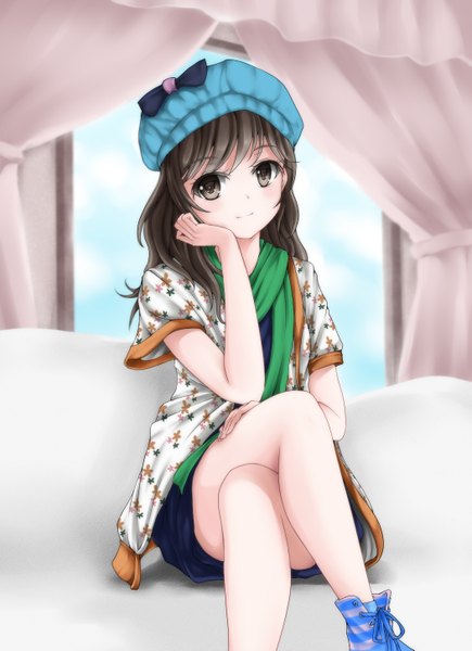 Anime picture 1052x1449 with original wsman single long hair tall image looking at viewer black hair sitting black eyes crossed legs girl scarf beret