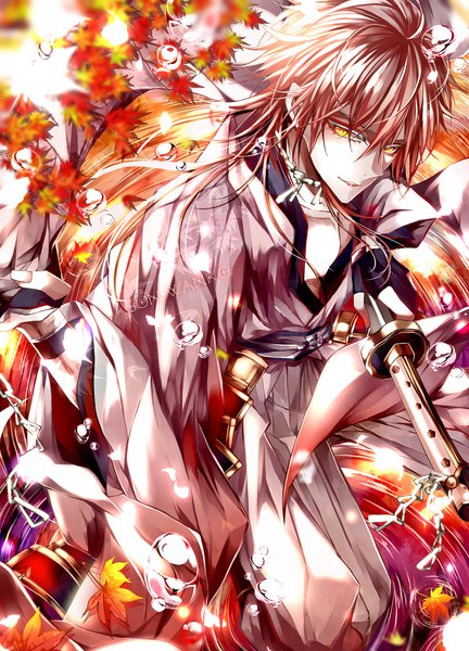 Anime picture 900x1250 with sunwhite 01 single long hair tall image fringe hair between eyes brown hair yellow eyes looking away ahoge traditional clothes parted lips japanese clothes partially submerged squat ripples boy gloves weapon sword