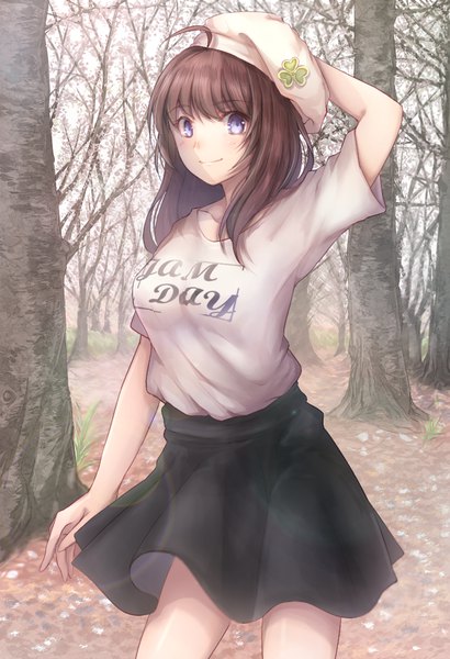 Anime picture 700x1024 with original meiya (dia douya) single long hair tall image looking at viewer blush fringe blue eyes smile brown hair standing ahoge arm up short sleeves hand on head bare tree girl skirt plant (plants)