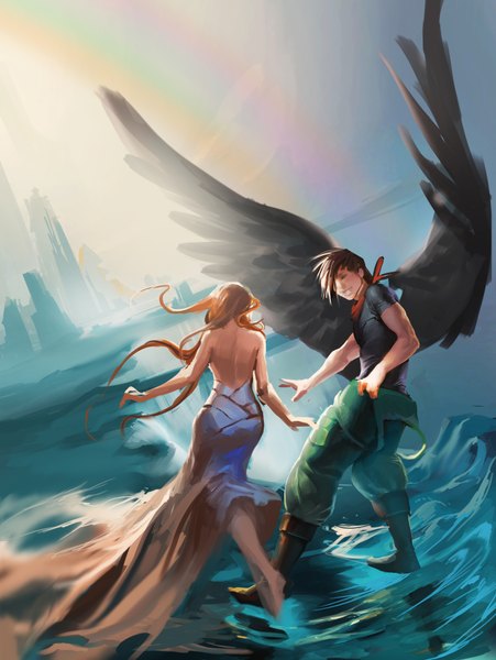 Anime picture 1504x2000 with sakimichan long hair tall image short hair open mouth blonde hair smile brown hair bare shoulders sky cloud (clouds) eyes closed barefoot wind sunlight realistic back city cityscape black wings