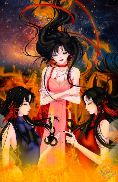 Anime picture 1600x2453 with bishoujo senshi sailor moon toei animation hino rei princess mars phobos (sailor moon) deimos (sailor moon) kanochka long hair tall image black hair standing purple eyes multiple girls holding cleavage eyes closed nail polish profile light smile wind