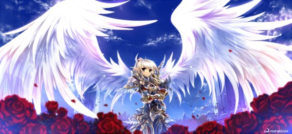 Anime picture 1280x593 with world of warcraft blizzard entertainment windforcelan single blush blonde hair wide image green eyes signed sky cloud (clouds) pointy ears girl flower (flowers) wings armor rose (roses) red rose