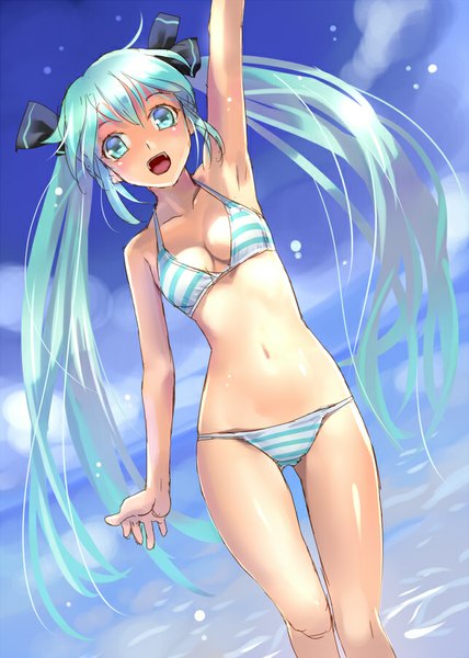 Anime picture 642x900 with vocaloid hatsune miku katahira masashi single tall image looking at viewer blush breasts open mouth light erotic twintails bare shoulders very long hair arm up aqua eyes aqua hair bare belly girl navel ribbon (ribbons)