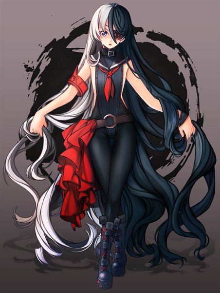 Anime picture 753x1000 with blade & soul po hwa ran (blade & soul) banya single tall image looking at viewer fringe open mouth blue eyes black hair simple background hair between eyes white hair very long hair multicolored hair two-tone hair sleeveless crossed legs thigh gap alternate hairstyle